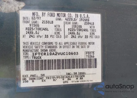 1997 Ford Ranger Splash/Xl/Xlt from USA, damaged, VIN 1FTCR10A2VUC10603